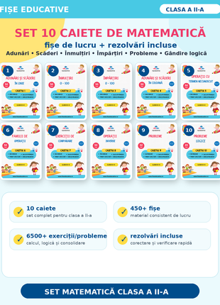 Pachet matematică clasa a II-a – 10 caiete de lucru cu peste 450 de fișe