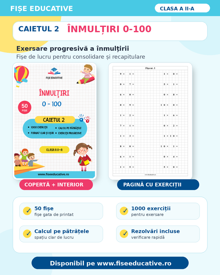 Înmulțiri 0-100: 50 fișe, 1000 exerciții, exersare progresivă a înmulțirii, rezolvări incluse.