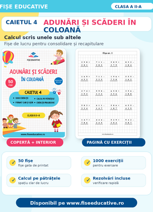 50 fișe, 1000 exerciții, calcul scris unele sub altele, rezolvări incluse.