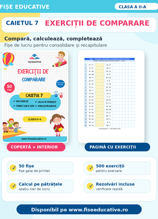 Exerciții de comparare: 50 fișe, 500 exerciții, compară, calculează, completează, rezolvări incluse.