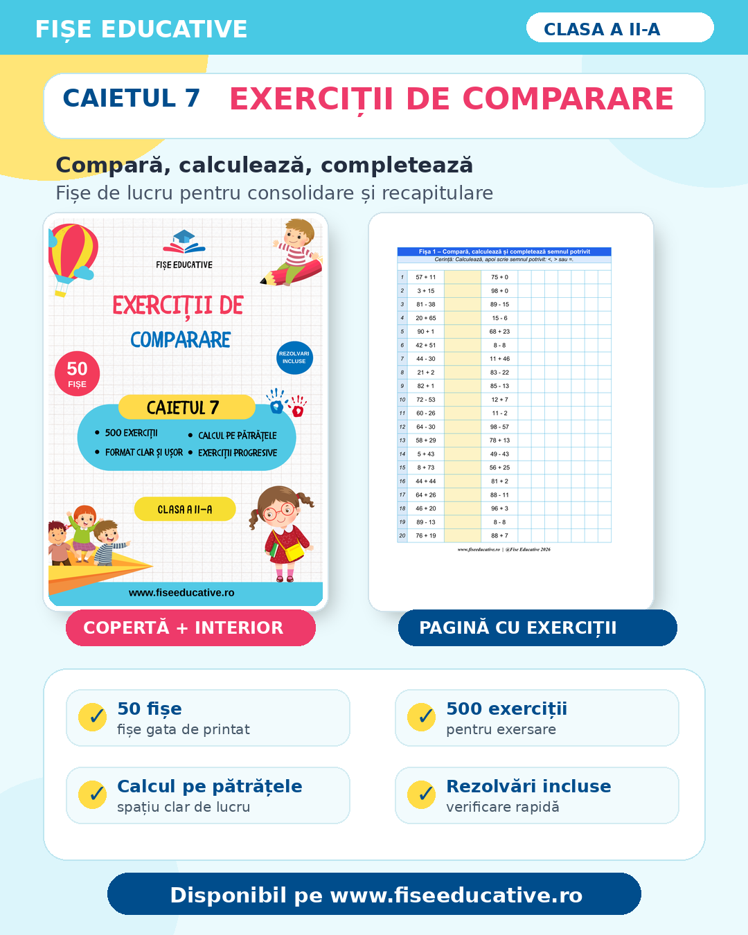 Exerciții de comparare: 50 fișe, 500 exerciții, compară, calculează, completează, rezolvări incluse.