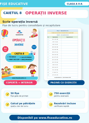 Operații inverse: 50 fișe, 750 exerciții, scrie operația inversă, rezolvări incluse