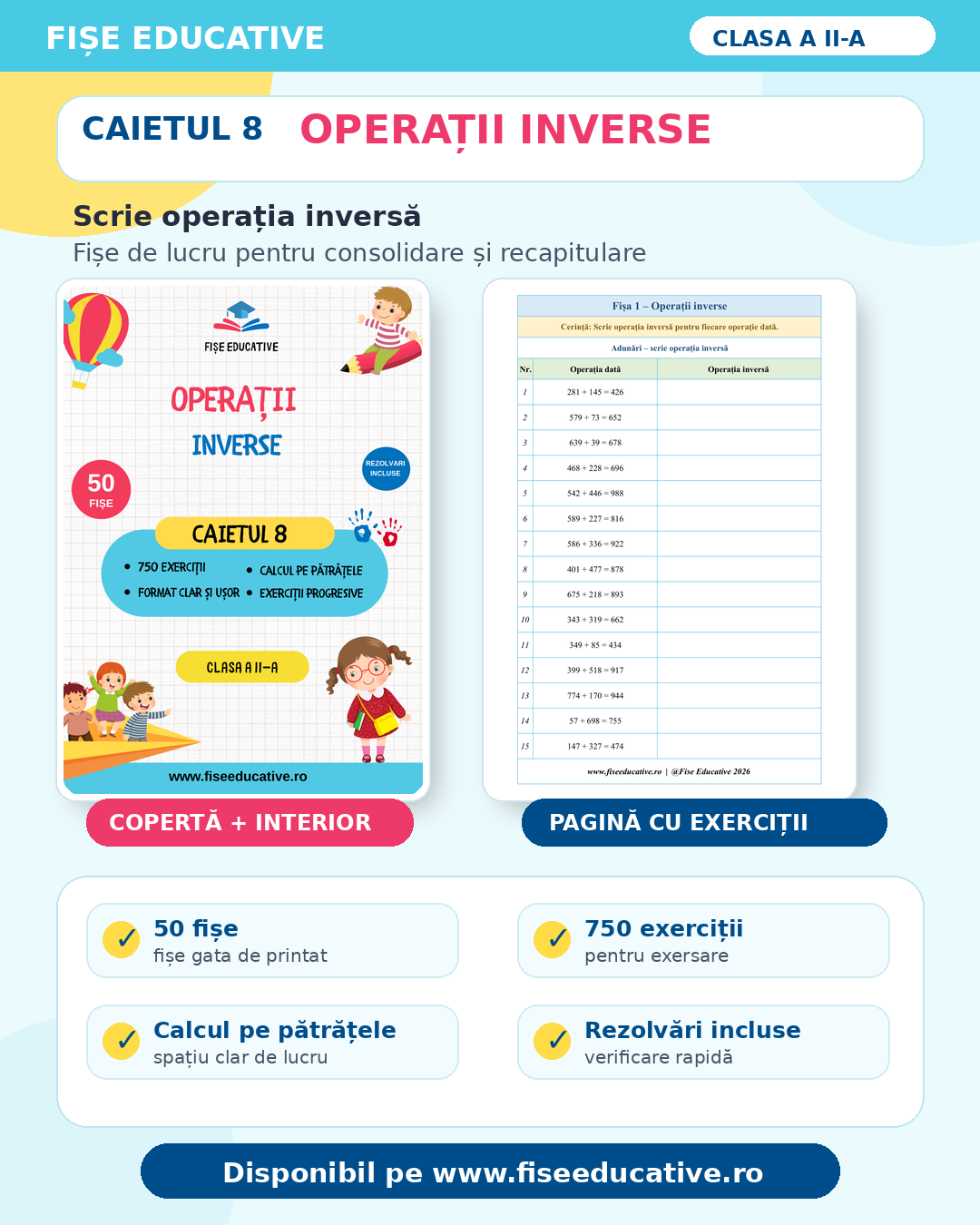 Operații inverse: 50 fișe, 750 exerciții, scrie operația inversă, rezolvări incluse