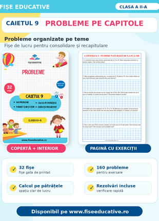 Probleme pe capitole: 32 fișe, 160 probleme, probleme organizate pe teme, rezolvări incluse.