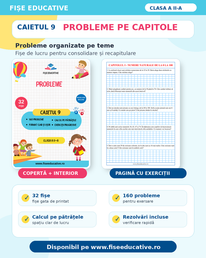 Probleme pe capitole: 32 fișe, 160 probleme, probleme organizate pe teme, rezolvări incluse.