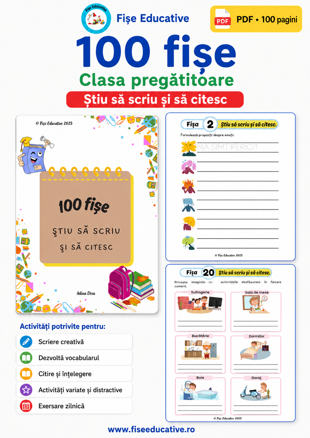 Imagine de prezentare pentru setul 100 Fișe de citire și scriere, în format PDF, pentru copii de 5–7 ani.