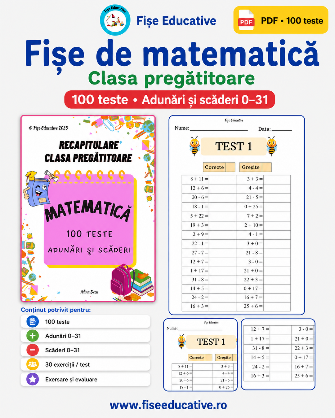 Imagine de prezentare pentru setul 100 Teste Matematică pentru clasa pregătitoare, în format PDF, cu adunări și scăderi în concentrul 0–31.