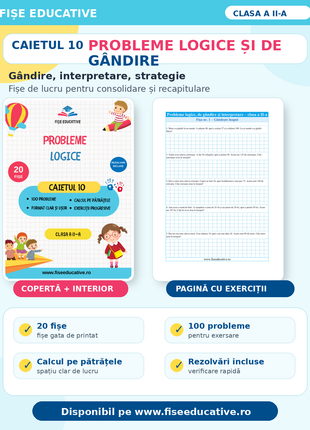 Probleme logice și de gândire: 20 fișe, 100 probleme, gândire, interpretare, strategie, rezolvări incluse.