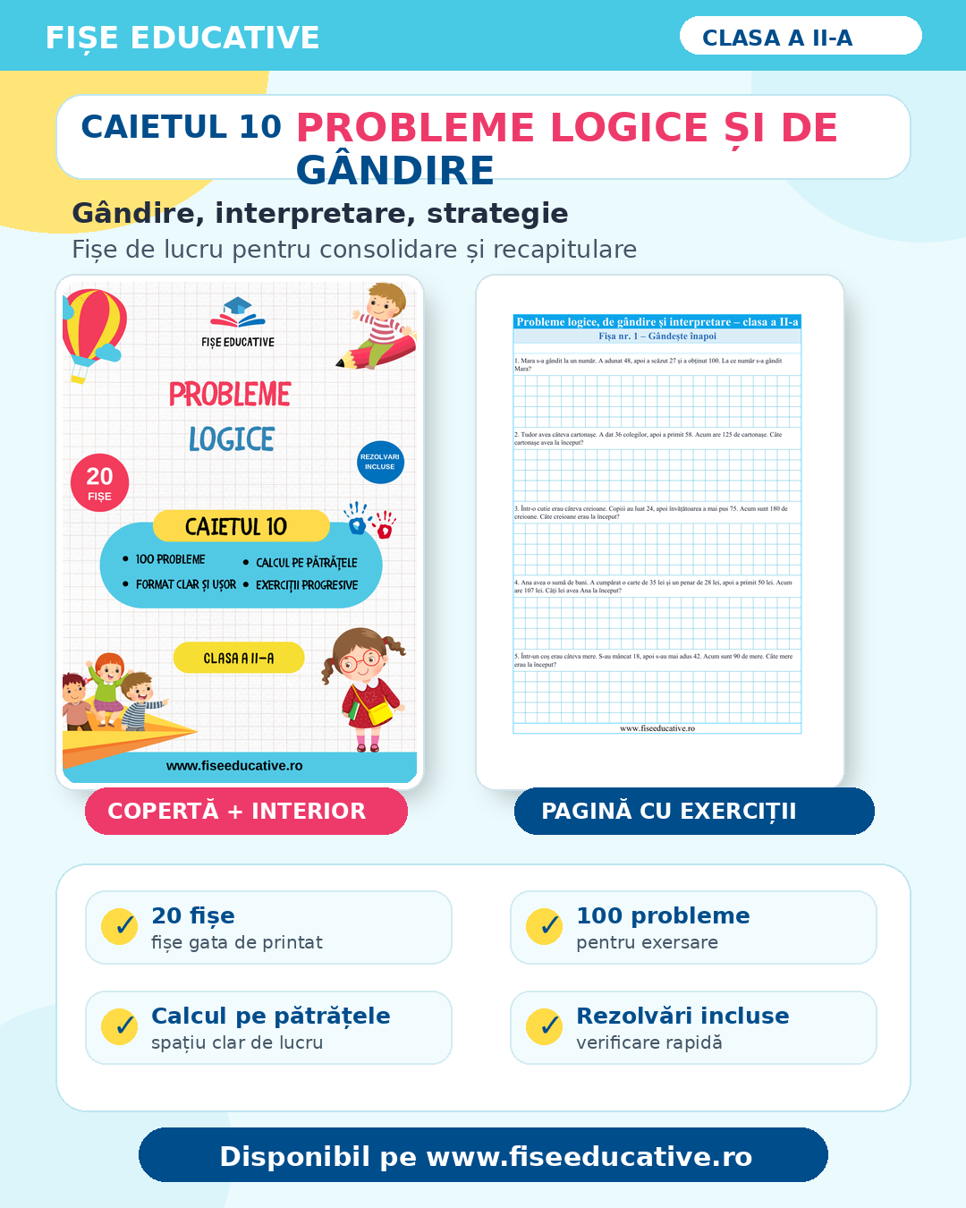 Probleme logice și de gândire: 20 fișe, 100 probleme, gândire, interpretare, strategie, rezolvări incluse.
