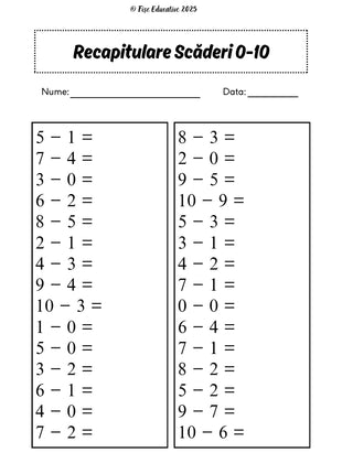 Fișe cu adunări și scăderi pentru clasa I – 70 pagini PDF  Numere • Adunări • Scăderi