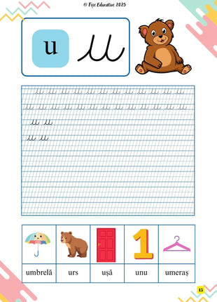 Fișe cu litere de mână pentru clasa I – 80 pagini PDF  Semne grafice • Litere de mână • Grupuri de litere • Scriere cursivă