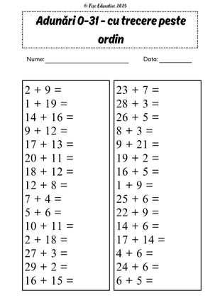 Fișe cu adunări și scăderi pentru clasa I – 70 pagini PDF  Numere • Adunări • Scăderi