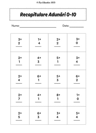 Fișe cu adunări și scăderi pentru clasa I – 70 pagini PDF  Numere • Adunări • Scăderi