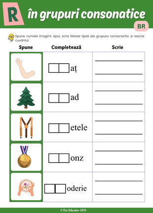 Mega Set 5 Fișe Educaționale – Scriu & Citesc + Comunicarea + Logopedie (CVC, CVCV, Grupuri Consonantice) – PDF