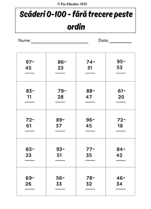 Fișe cu adunări și scăderi pentru clasa I – 70 pagini PDF  Numere • Adunări • Scăderi