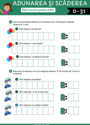 Fișe de matematică pentru clasa I – 132 pagini PDF  Numere • Operații • Probleme • Aplicații practice