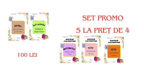 SET PROMO – 5 caiete educative la preț de 4 (PDF)  Citire • Scriere • Comunicare • Matematică • Evaluare