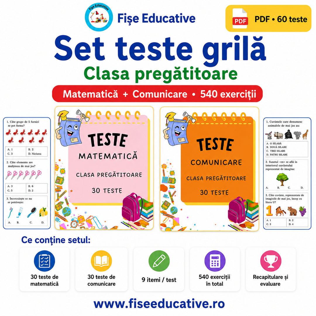 Imagine de prezentare pentru pachetul 60 Teste Grilă Clasa Pregătitoare, cu teste PDF pentru comunicare și matematică.