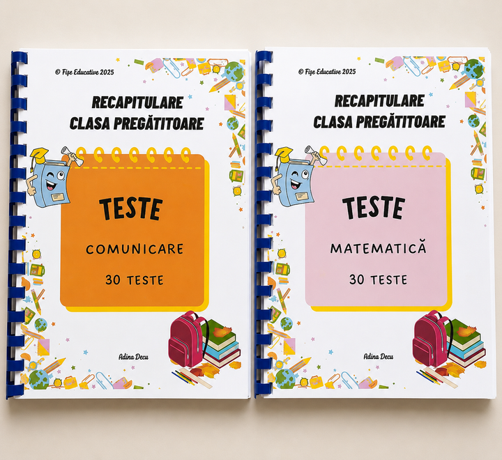 Pachet tipărit cu 60 Teste Grilă Clasa Pregătitoare, cu teste pentru Comunicare și Matematică.