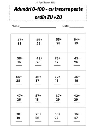 Fișe cu adunări și scăderi pentru clasa I – 70 pagini PDF  Numere • Adunări • Scăderi