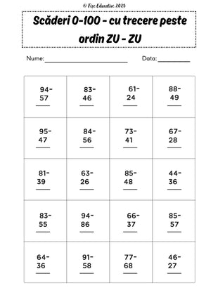 Fișe cu adunări și scăderi pentru clasa I – 70 pagini PDF  Numere • Adunări • Scăderi