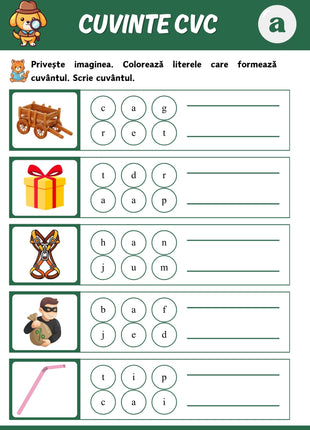 Cuvinte CVC – Exerciții de Logopedie pentru Citire și Scriere (PDF)  Consoană – Vocală – Consoană | 64 pagini