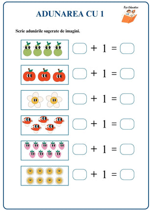 Fișă de matematică – adunarea cu 1 folosind imagini, exerciții pentru clasa pregătitoare.