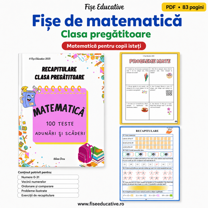 Matematică pentru Copii Isteți PDF – Fișe clasa pregătitoare, 150 exerciții și probleme
