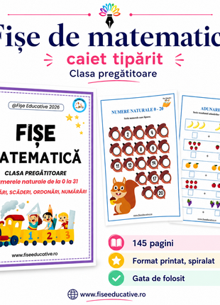 Imagine de prezentare pentru caietul printat de matematica destinat copiilor din clasa pregatitoare. Produsul contine fise de lucru pentru numerele 0-31, adunari, scaderi, ordonare si comparare
