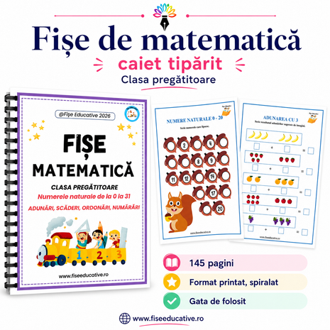 Imagine de prezentare pentru caietul printat de matematica destinat copiilor din clasa pregatitoare. Produsul contine fise de lucru pentru numerele 0-31, adunari, scaderi, ordonare si comparare