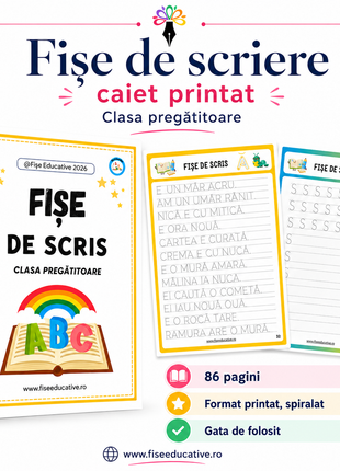Imagine de prezentare pentru caietul printat de scriere, cu 86 de pagini, format spiralat, potrivit pentru clasa pregatitoare. Include coperta si pagini interioare cu exercitii de trasare, cuvinte si propozitii.