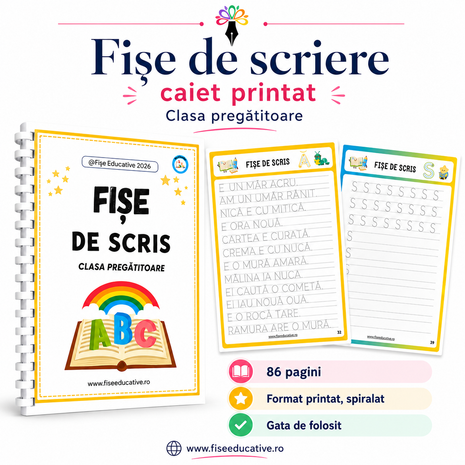 Imagine de prezentare pentru caietul printat de scriere, cu 86 de pagini, format spiralat, potrivit pentru clasa pregatitoare. Include coperta si pagini interioare cu exercitii de trasare, cuvinte si propozitii.