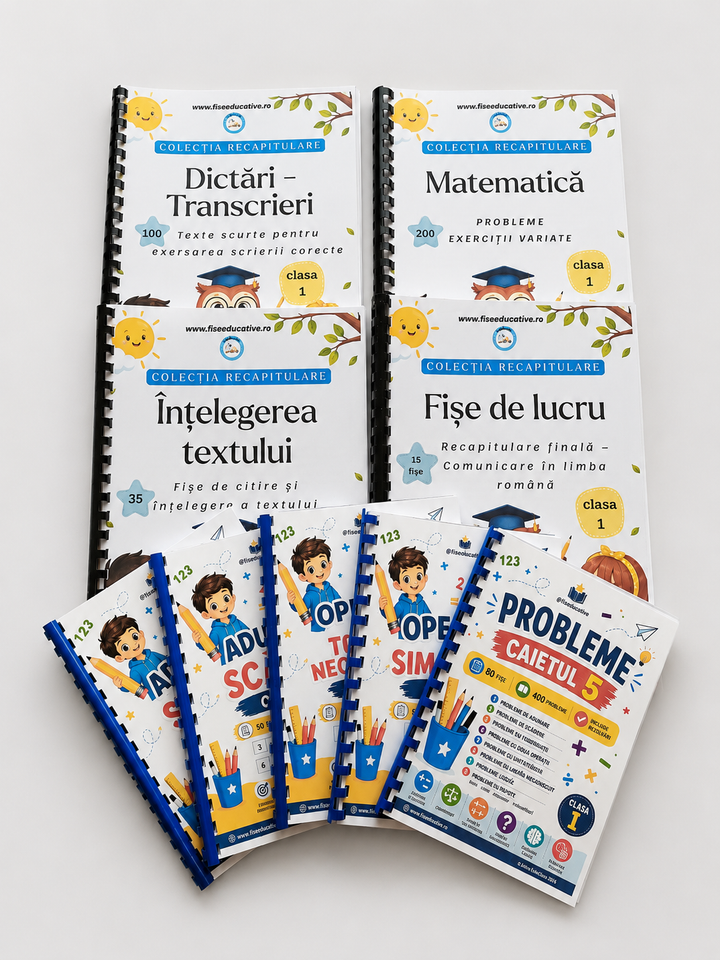 Pachet tipărit Recapitulare Clasa I – Română și Matematică  9 Caiete, 600 pagini