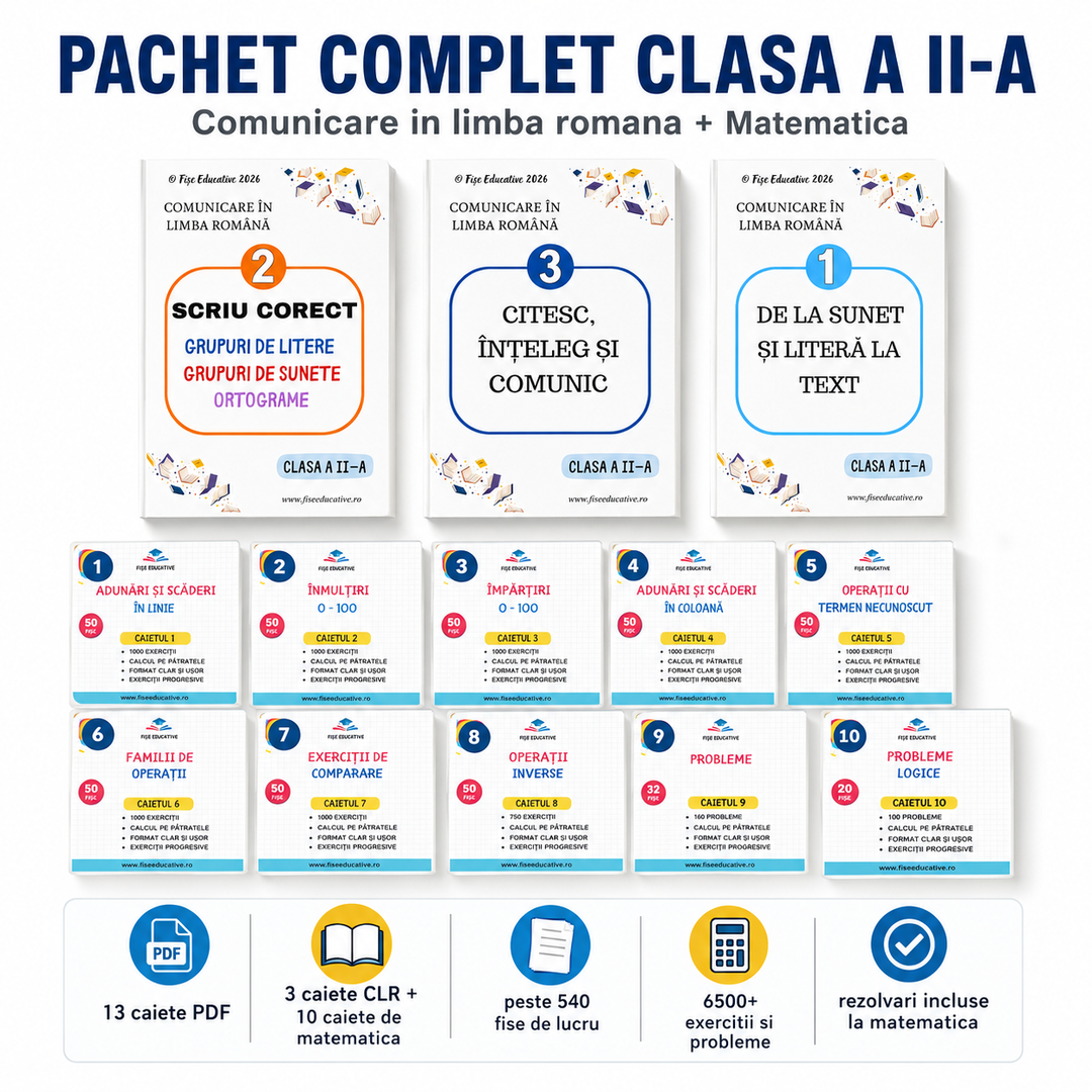 Pachet Complet Clasa a II-a – Comunicare + Matematică | 13 caiete PDF, 754 pagini