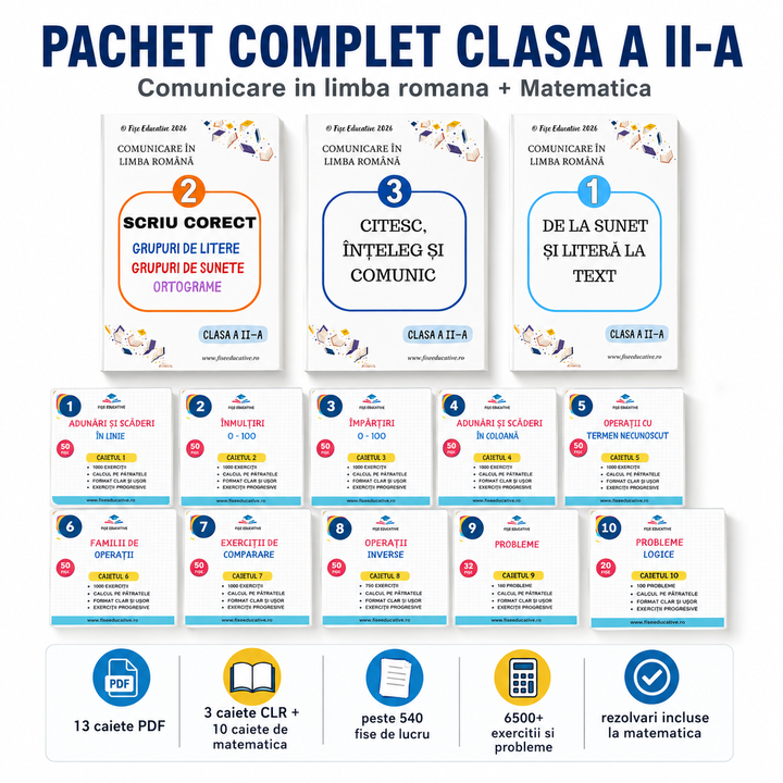 Pachet Complet Clasa a II-a – Comunicare + Matematică | 13 caiete PDF, 754 pagini