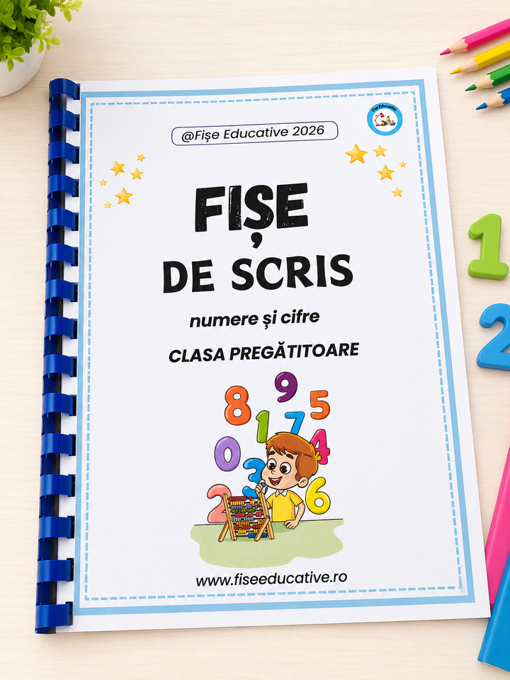 Caiet printat de scris numere și cifre – fișe de trasare pentru clasa pregătitoare, 34 pagini