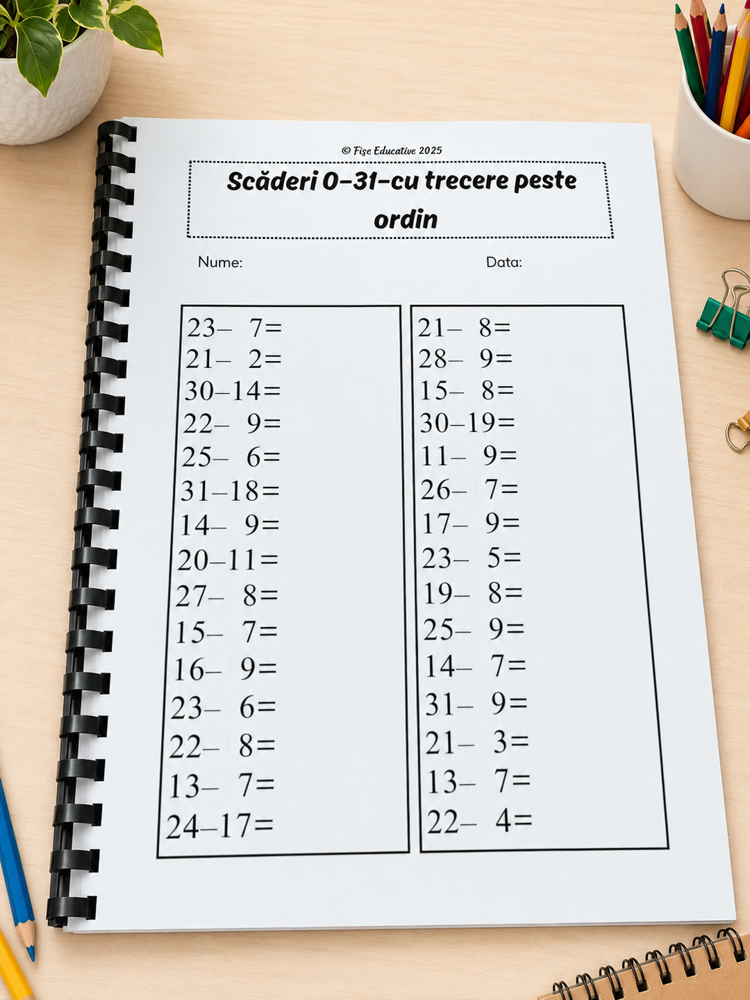 Caiet tipărit Adunări și Scăderi Clasa I – 70 pagini | Exerciții de calcul
