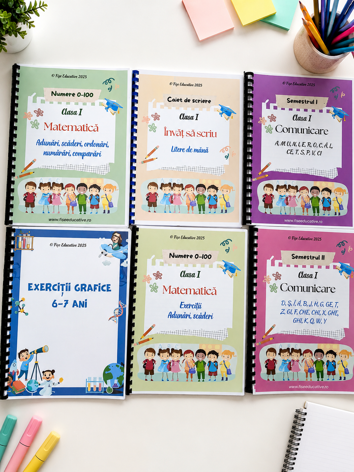 Pachet tipărit Clasa I – 530+ pagini | Comunicare, Matematică, Scriere + Bonus
