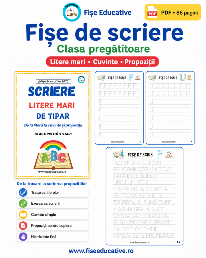 Fișe de scriere litere mari de tipar – Clasa pregătitoare PDF