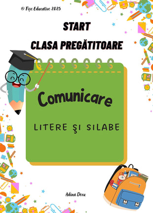 Copertă caiet educativ pentru clasa pregătitoare – comunicare, litere și silabe, material PDF pentru copii 5–7 ani.