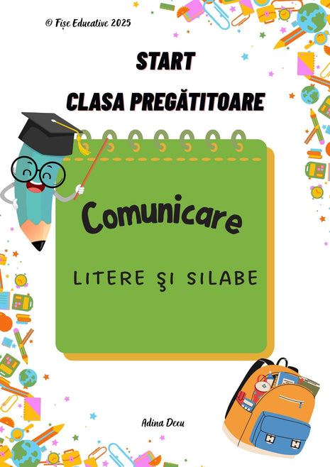 Copertă caiet educativ pentru clasa pregătitoare – comunicare, litere și silabe, material PDF pentru copii 5–7 ani.