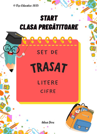 Copertă set de trasat litere și cifre pentru clasa pregătitoare – exerciții grafice pentru scrierea literelor și cifrelor