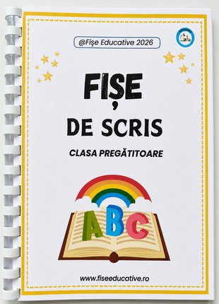Coperta caietului printat Fise de scris pentru clasa pregatitoare, cu exercitii pentru scrierea literelor mari de tipar, de la litere la cuvinte si propozitii.