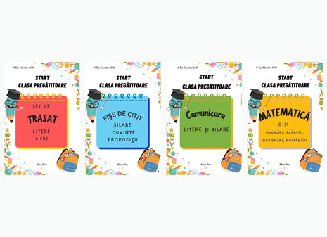 Pachet complet de fișe pentru clasa pregătitoare – 4 seturi PDF + BONUS 100 de teste  Citire • Comunicare • Matematică • Trasat • Recapitulare completă
