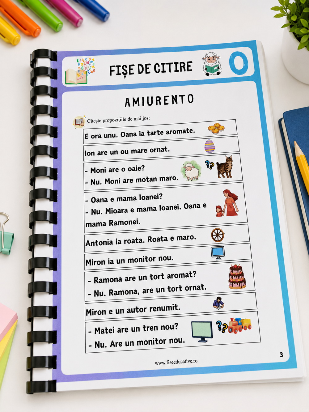 Fisa de citire litera F pentru clasa pregatitoare, cu imagini si cuvinte despartite in silabe.