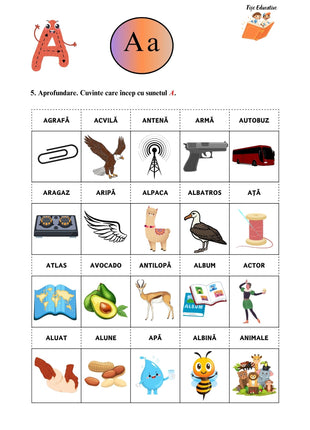 Exercițiu aprofundare litera A – cuvinte ilustrate care încep cu A (agrafă, acvilă, antenă, armă, autobuz, aragaz, aripă, alpaca, albatros etc.).