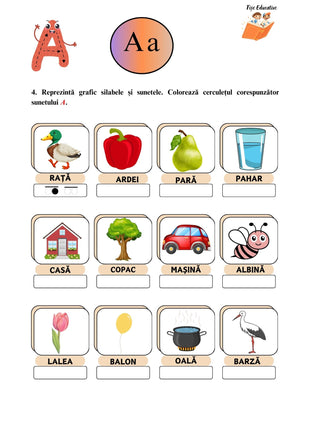 Fișă educativă litera A – exerciții pentru clasa pregătitoare: încercuire imagini, identificarea literei A în cuvinte, completarea cu litera inițială.