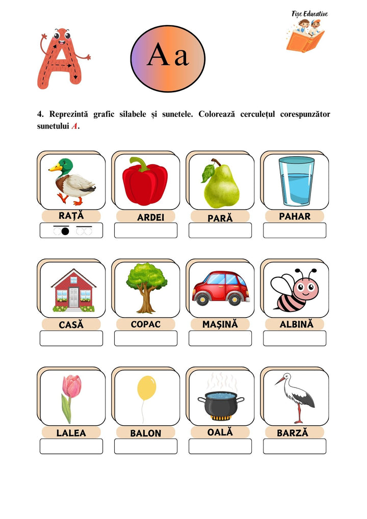 Fișă educativă litera A – exerciții pentru clasa pregătitoare: încercuire imagini, identificarea literei A în cuvinte, completarea cu litera inițială.