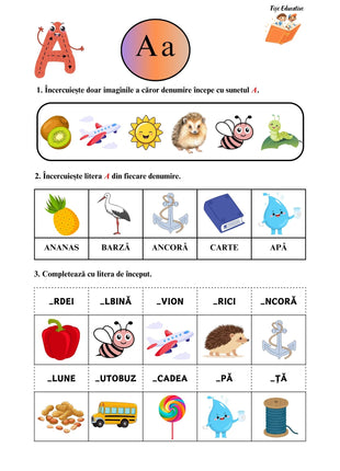 Fișă litera A pentru clasa pregătitoare – recunoașterea sunetului A prin imagini ilustrative (acadea, arici, albină, autobuz, ardei, avion).
