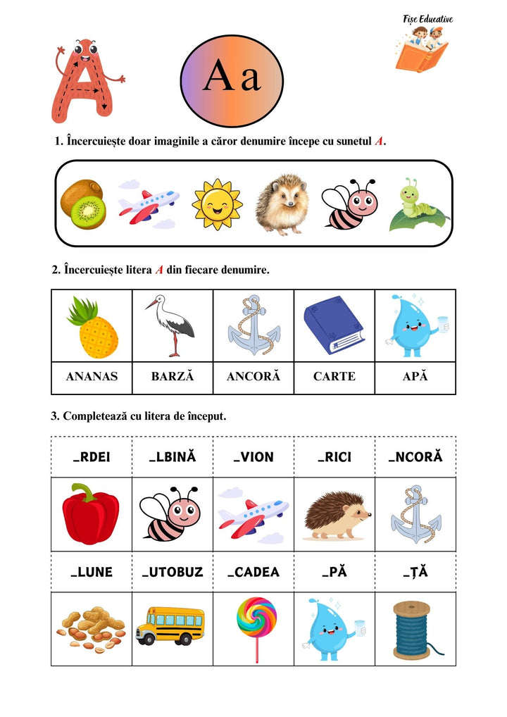 Fișă litera A pentru clasa pregătitoare – recunoașterea sunetului A prin imagini ilustrative (acadea, arici, albină, autobuz, ardei, avion).